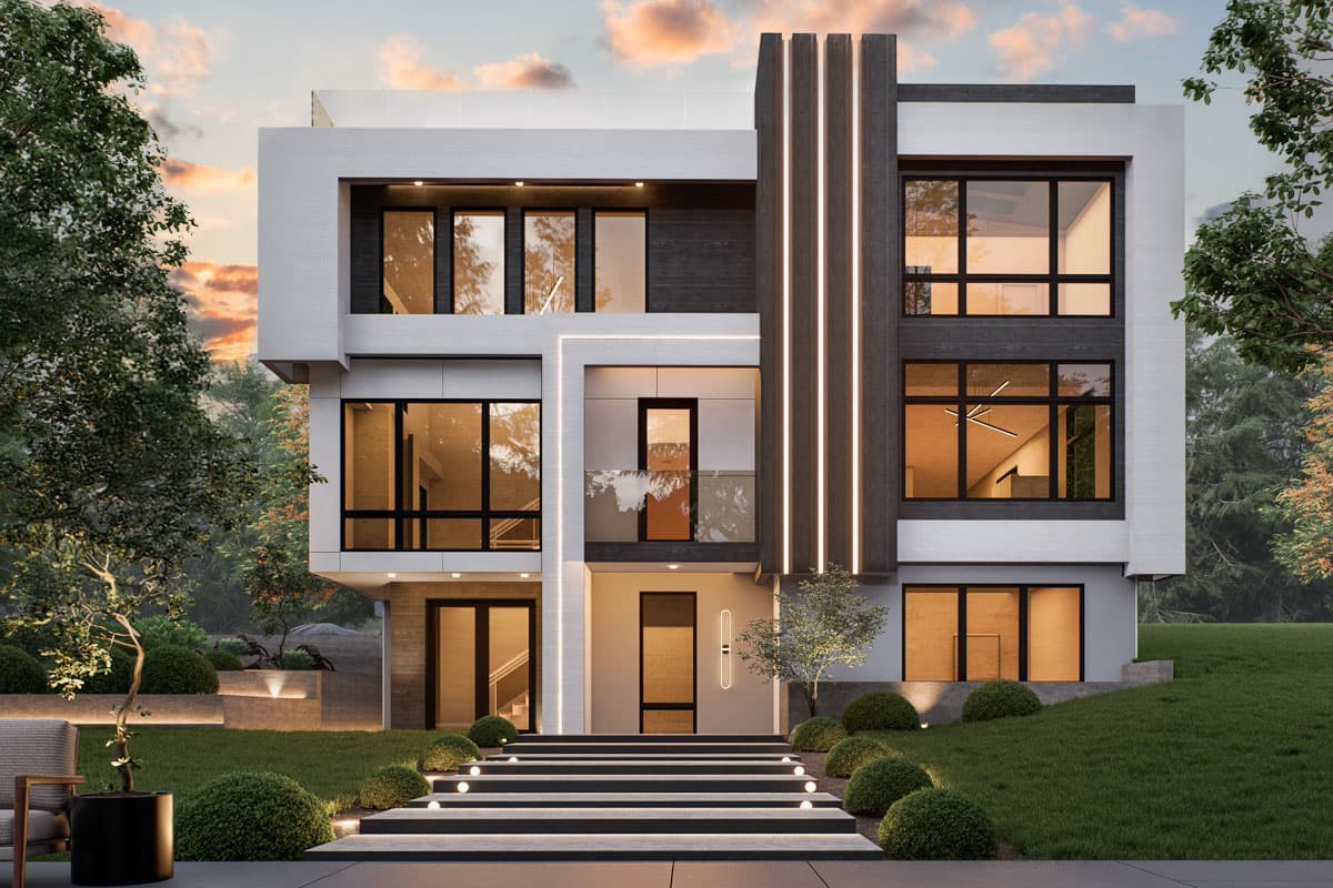 Modern multi-story house plan exterior with large windows, cantilevered sections, and vertical exterior lighting accents.