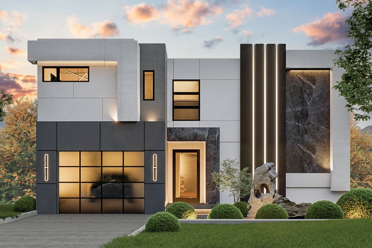 House plan exterior. Modern style, two-story home with flat roof, recessed entry, and rectangular windows. Includes a two-car garage.