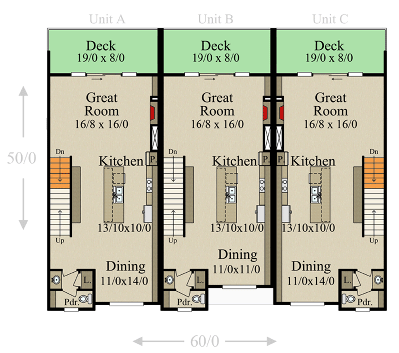 Plan 85458MS: 3-Floor New American Townhouse Plan with 3-Units Each with 3 or 4-Beds and 2,153 Sq Ft - Floor Plan - Main Level - Modern Farmhouse, New American, Transitional