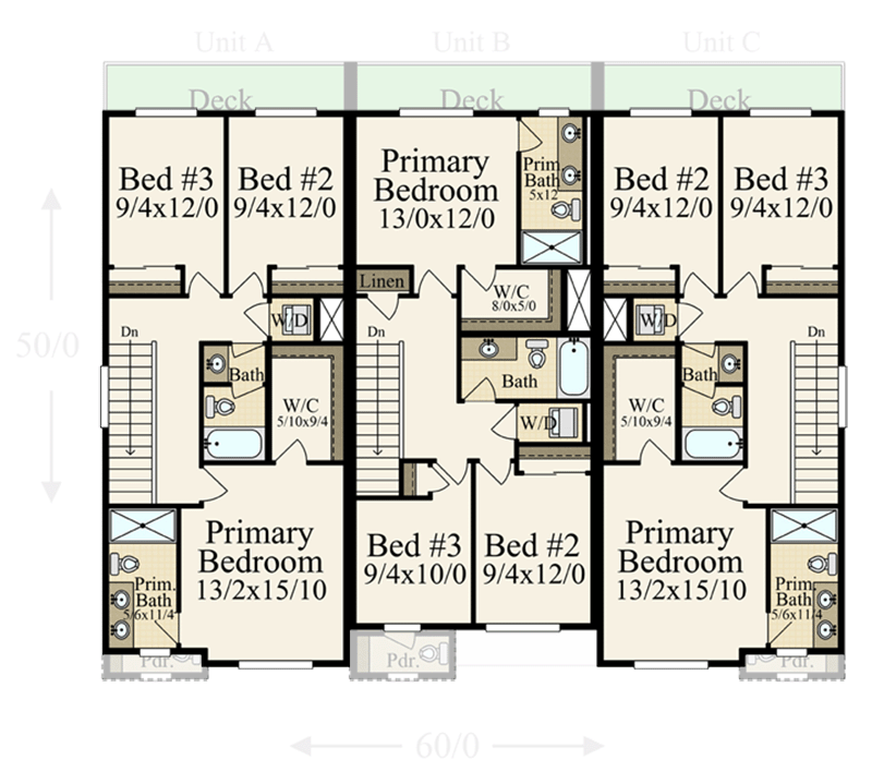 Plan 85458MS: 3-Floor New American Townhouse Plan with 3-Units Each with 3 or 4-Beds and 2,153 Sq Ft - Floor Plan - 3rd Floor - Modern Farmhouse, New American, Transitional