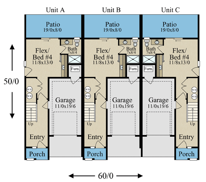 Plan 85458MS: 3-Floor New American Townhouse Plan with 3-Units Each with 3 or 4-Beds and 2,153 Sq Ft - Floor Plan - Ground/Lower Level - Modern Farmhouse, New American, Transitional