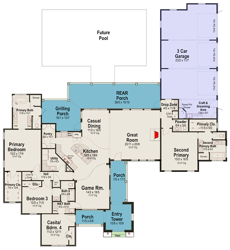 Plan 54040LK: 4-Bed Hill Country Ranch House Plan with Game Room - 3084 Sq Ft - Floor Plan - Main Level - Hill Country, Modern Farmhouse, Ranch, Transitional