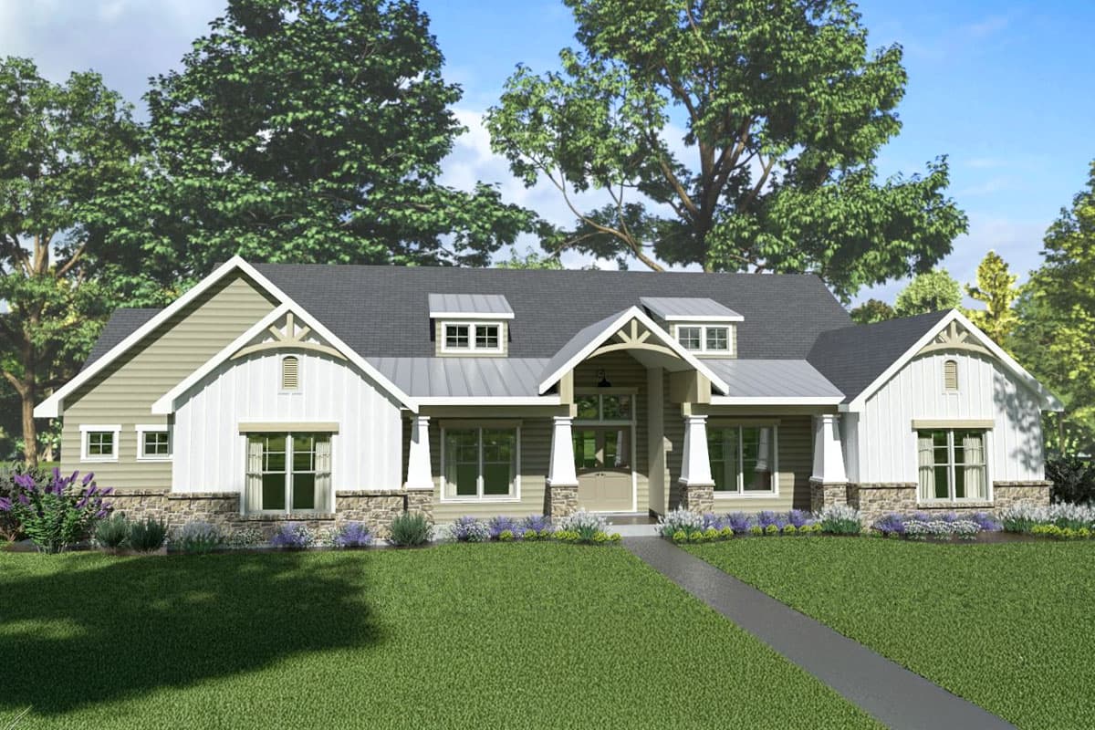 House plan exterior. Craftsman style, one-story. Features include gabled rooflines, dormers, a covered porch, and board-and-batten siding.