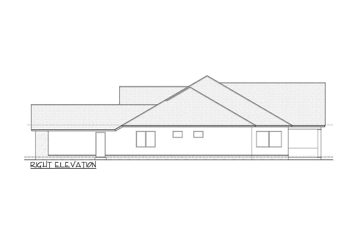 Right elevation drawing of a one-story house plan, showing a covered entryway, multiple windows, and a sloped roofline.