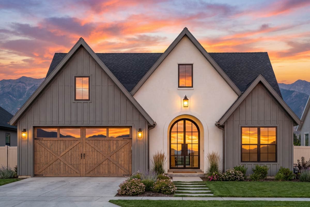 Modern Farmhouse style house plan exterior with gables, board and batten siding, arched entryway, and X-design garage doors.