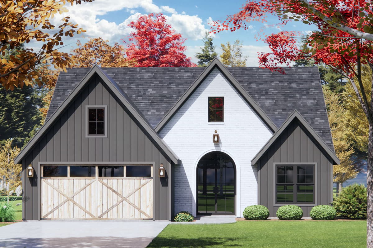 House plan exterior featuring a two-story Modern Farmhouse design. Includes a gable roof, cross-buck garage doors, and an arched entry door.