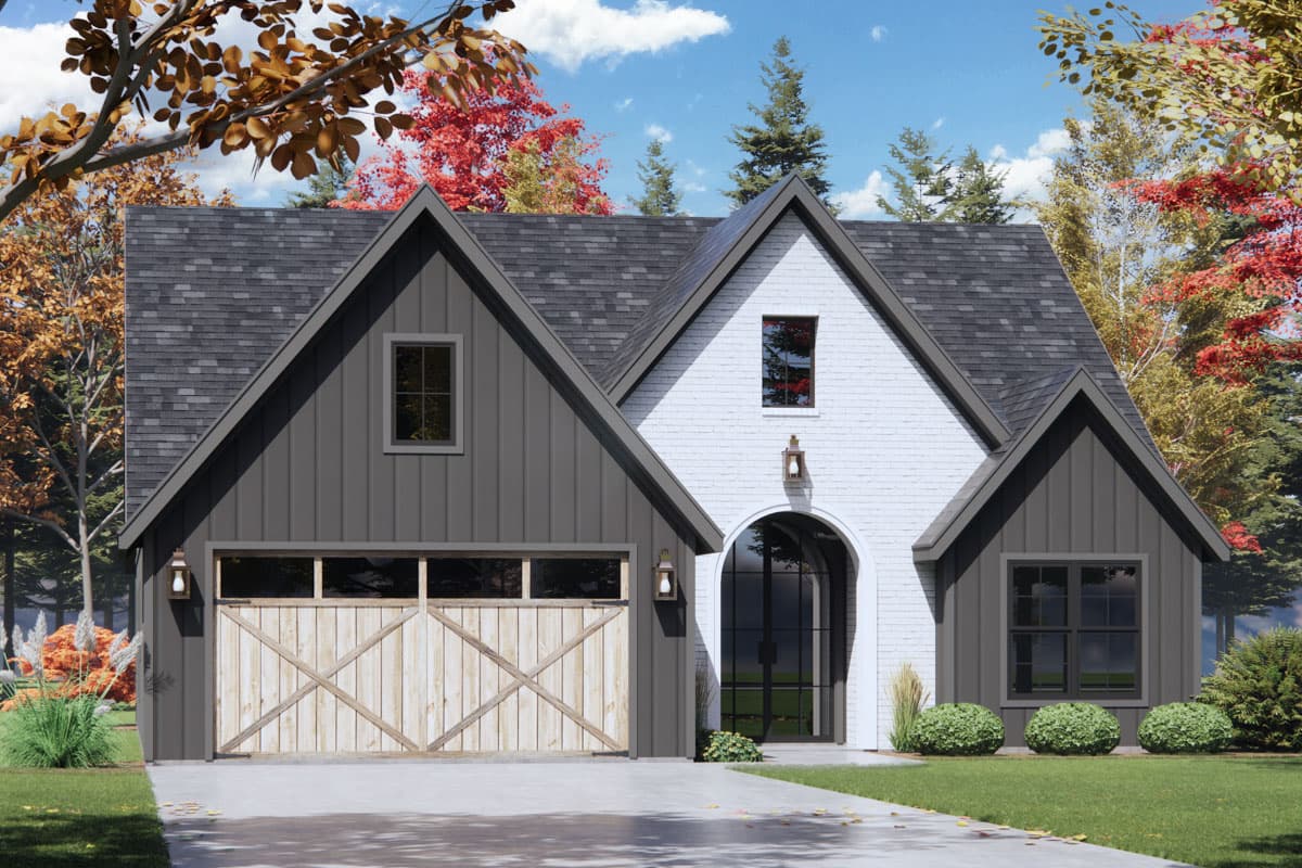 Modern Farmhouse house plan exterior with dark vertical siding, wood garage door, white brick, and arched entry.