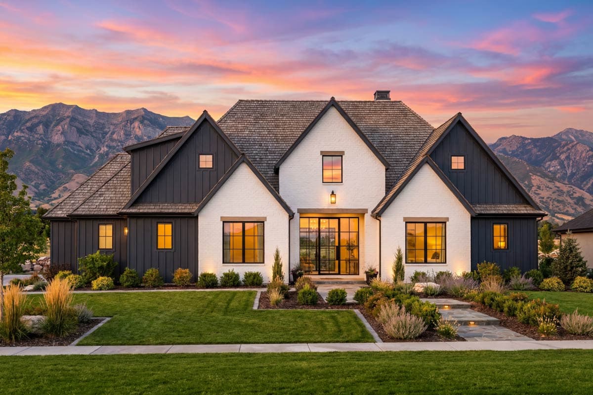 Modern Farmhouse house plan exterior with white brick, dark vertical siding, multiple gables, and large windows.