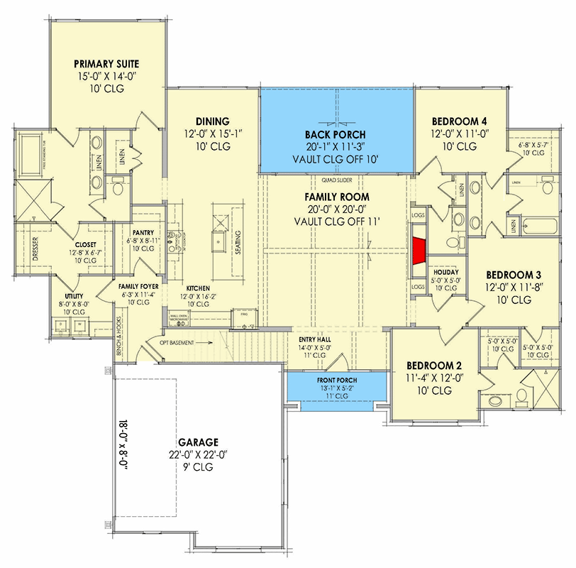 Plan 818150JSS: 4-Bed Transitional Farmhouse Plan with Optionally Finished Bonus Room - 2574 Sq Ft - Floor Plan - Main Level - Contemporary, Modern Farmhouse, New American, Transitional