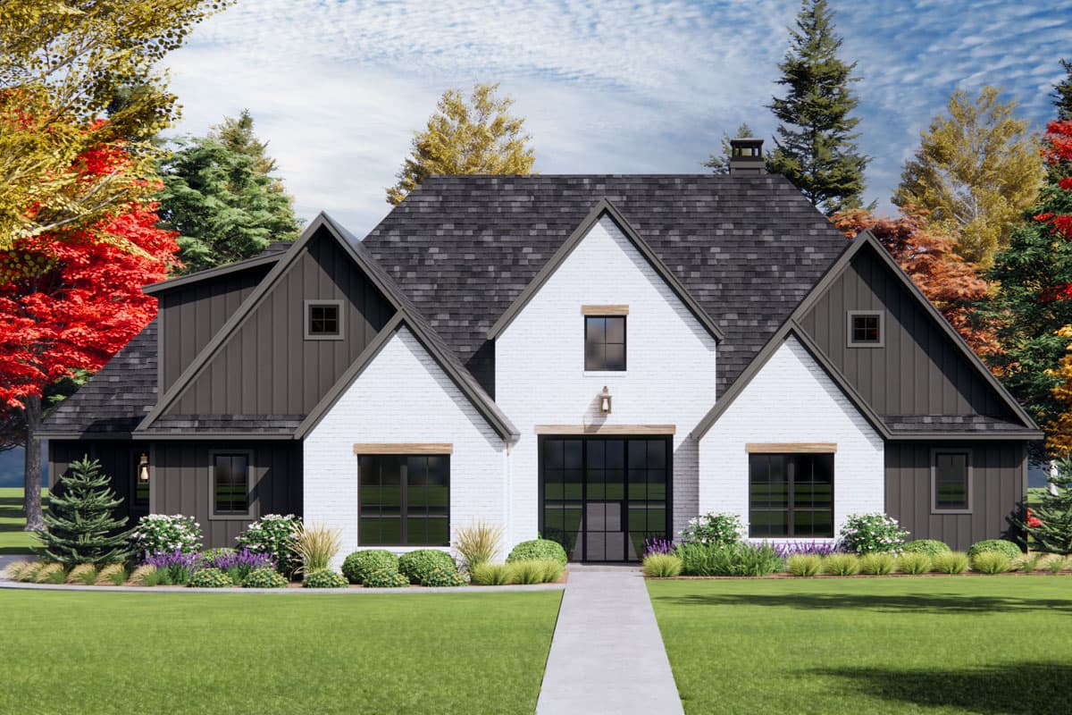 House plan exterior featuring a two-story Modern Farmhouse design. Notable features include gables, dark roof, and a front entry with glass door.