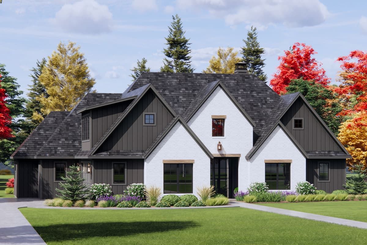 House plan exterior: Modern Farmhouse style, two stories, white brick and dark siding, prominent gables, and a covered entry.