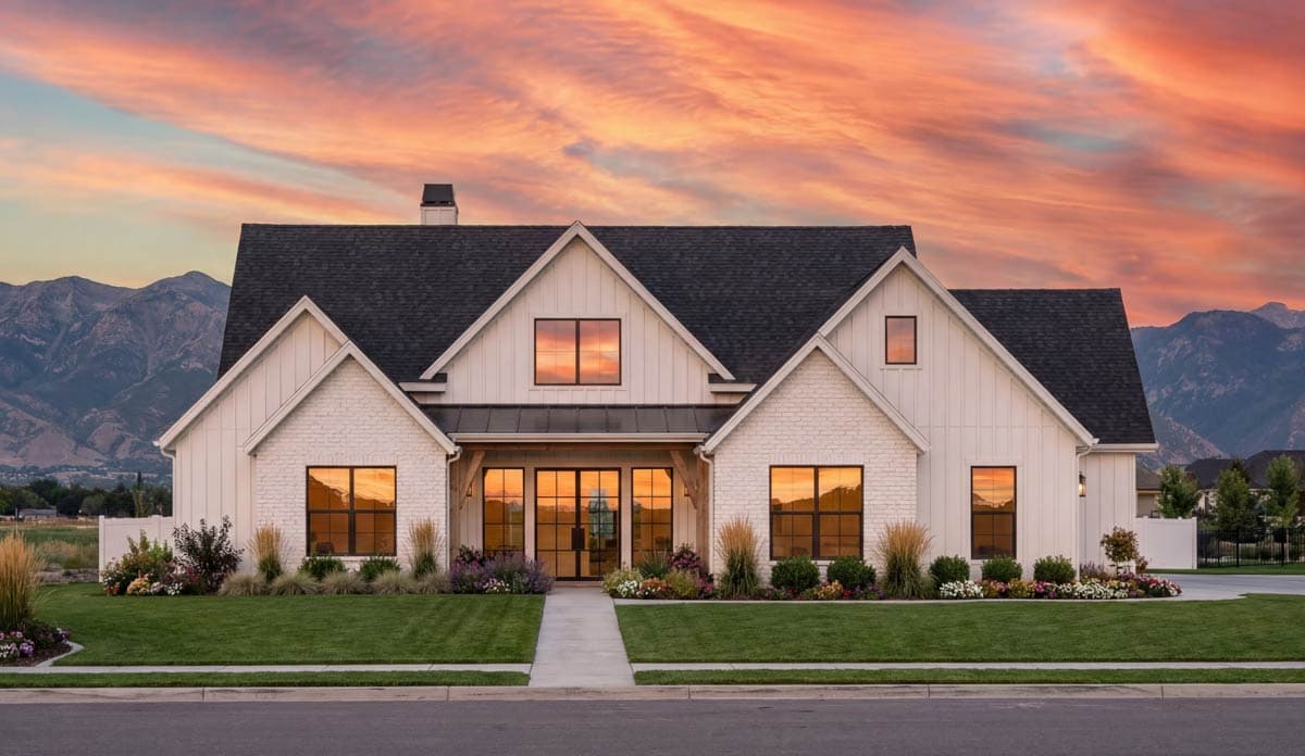 Modern Farmhouse house plan exterior featuring board and batten siding, brick accents, gables, and large windows.
