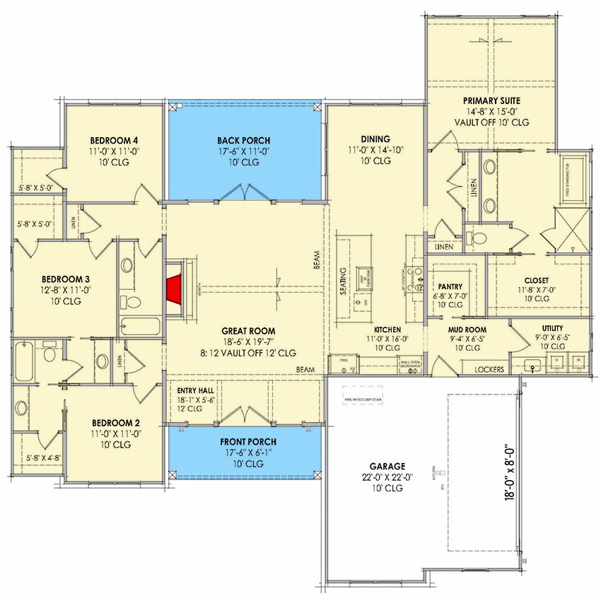 Plan 818151JSS: 4-Bed Transitional New American House Plan with Vaulted Great Room - 2318 Sq Ft - Floor Plan - Main Level - New American, Transitional