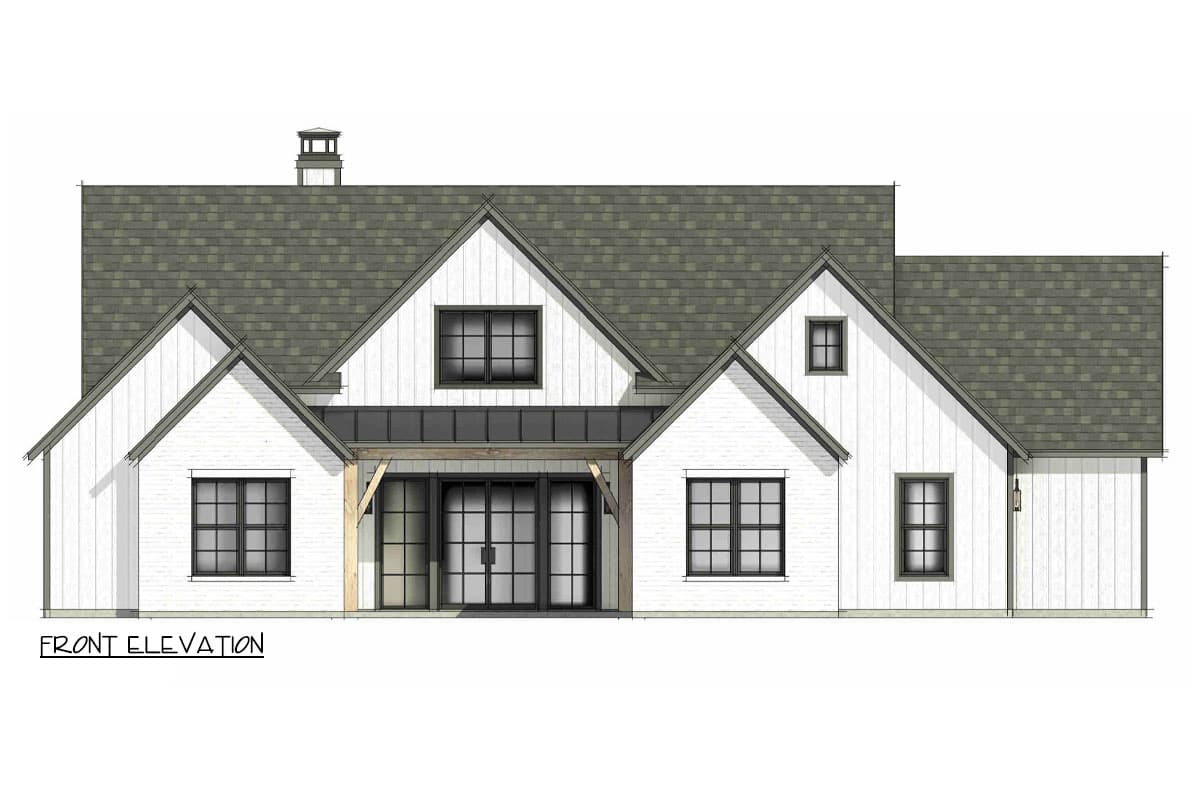 Front elevation drawing of a Modern Farmhouse plan with white board and batten, brick, gabled rooflines, and large-pane glass doors.