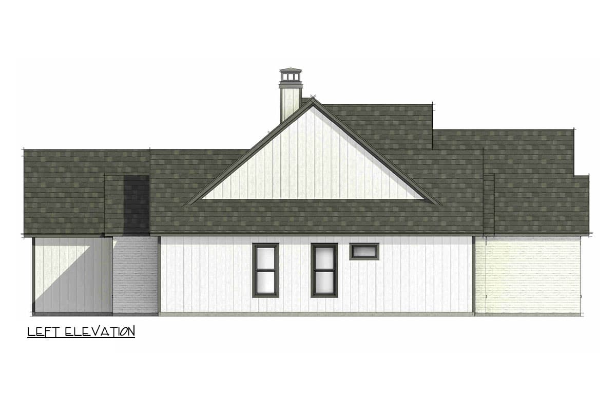 Left elevation house plan showing a gable, chimney, vertical siding, and shingled roof.