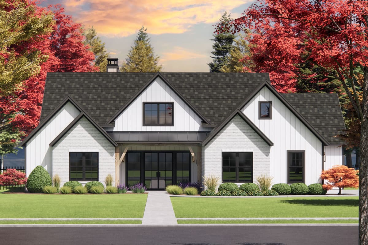 Modern Farmhouse house plan exterior with white brick and board-and-batten siding, a gabled roof, and a covered entry.