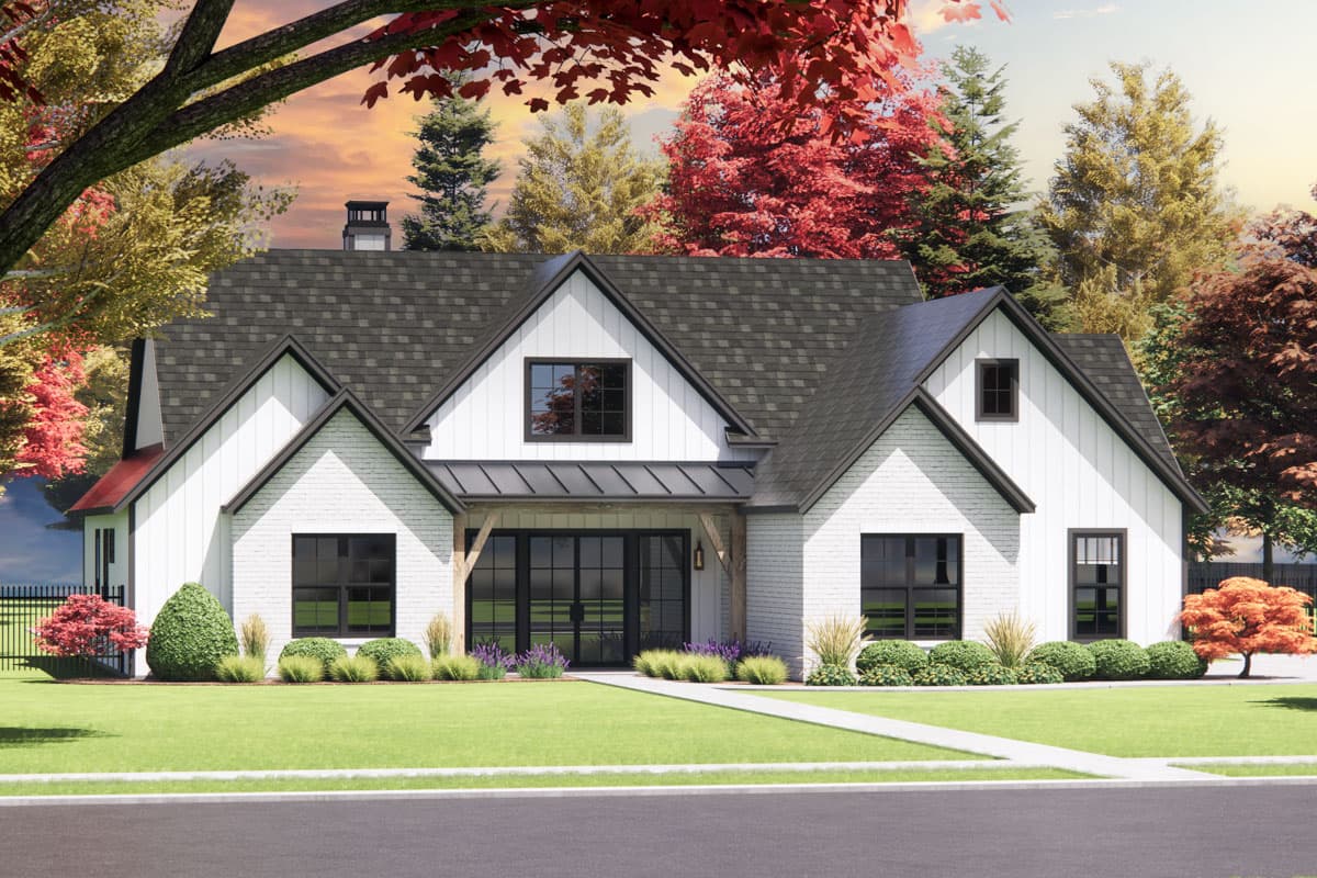 House plan exterior. Modern Farmhouse style with two stories, gabled roof, covered porch, and brick exterior with dark trim and windows.