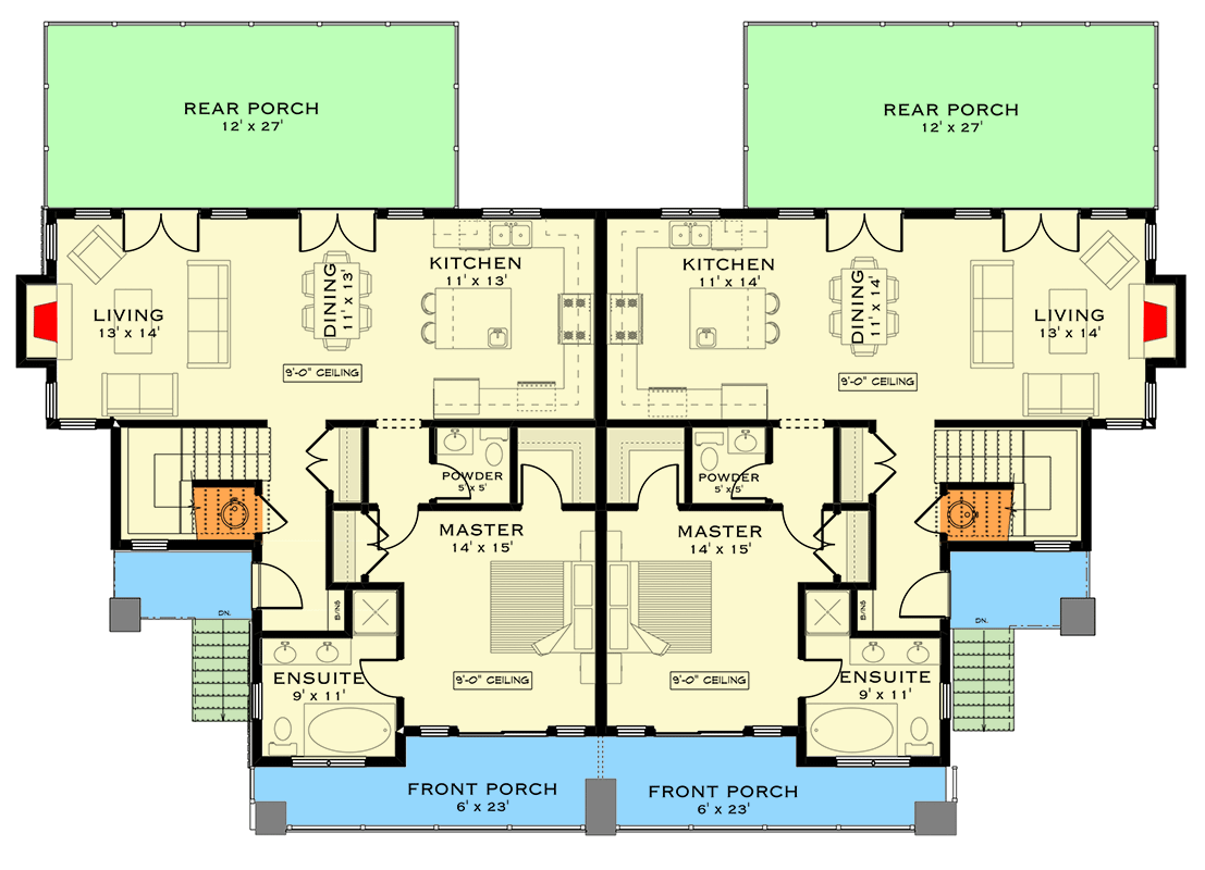 Plan 147021RML: New American Duplex House Plan with Matching 3-Beds 2.5 Bath 2600 Sq Ft Units and Drive Under Garage - Floor Plan - Main Level - New American, Northwest, Prairie