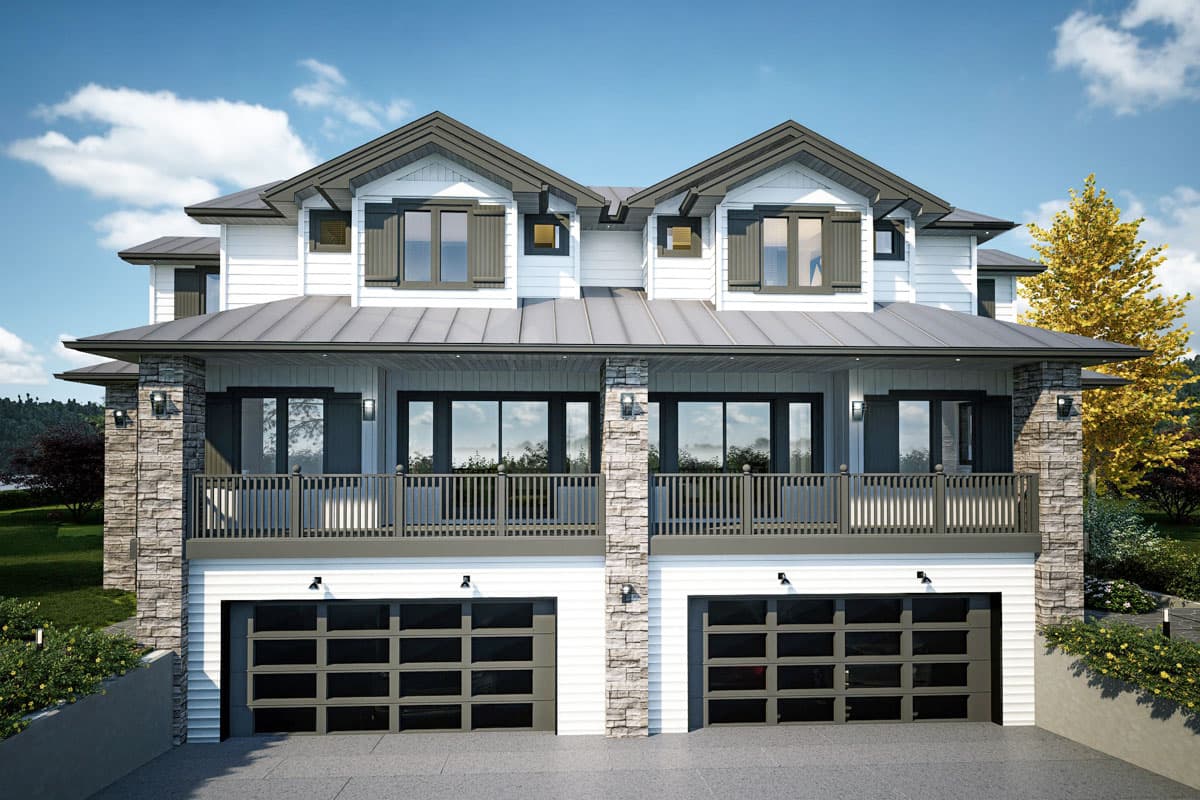 House plan exterior. Two-story, Modern Farmhouse style with a metal roof. Features include balconies, stone accents, and two garage bays.