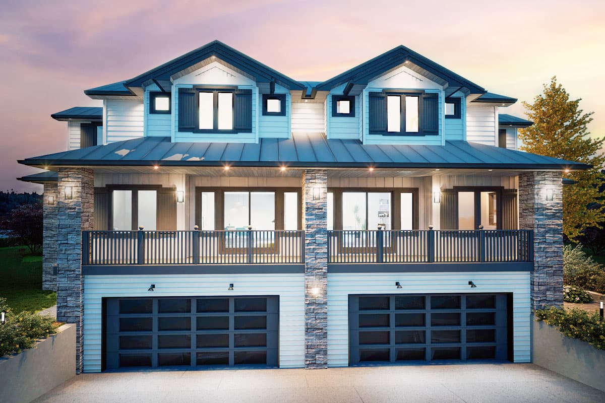 Plan 147021RML: New American Duplex House Plan with Matching 3-Beds 2.5 Bath 2600 Sq Ft Units and Drive Under Garage - Image #4 - New American, Northwest, Prairie