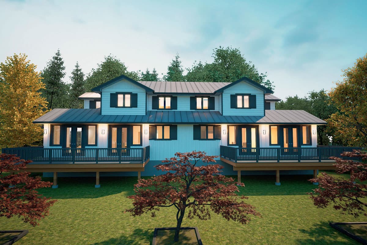 House plan exterior: two-story Modern Farmhouse with intersecting gables, wraparound deck, and multiple French doors.