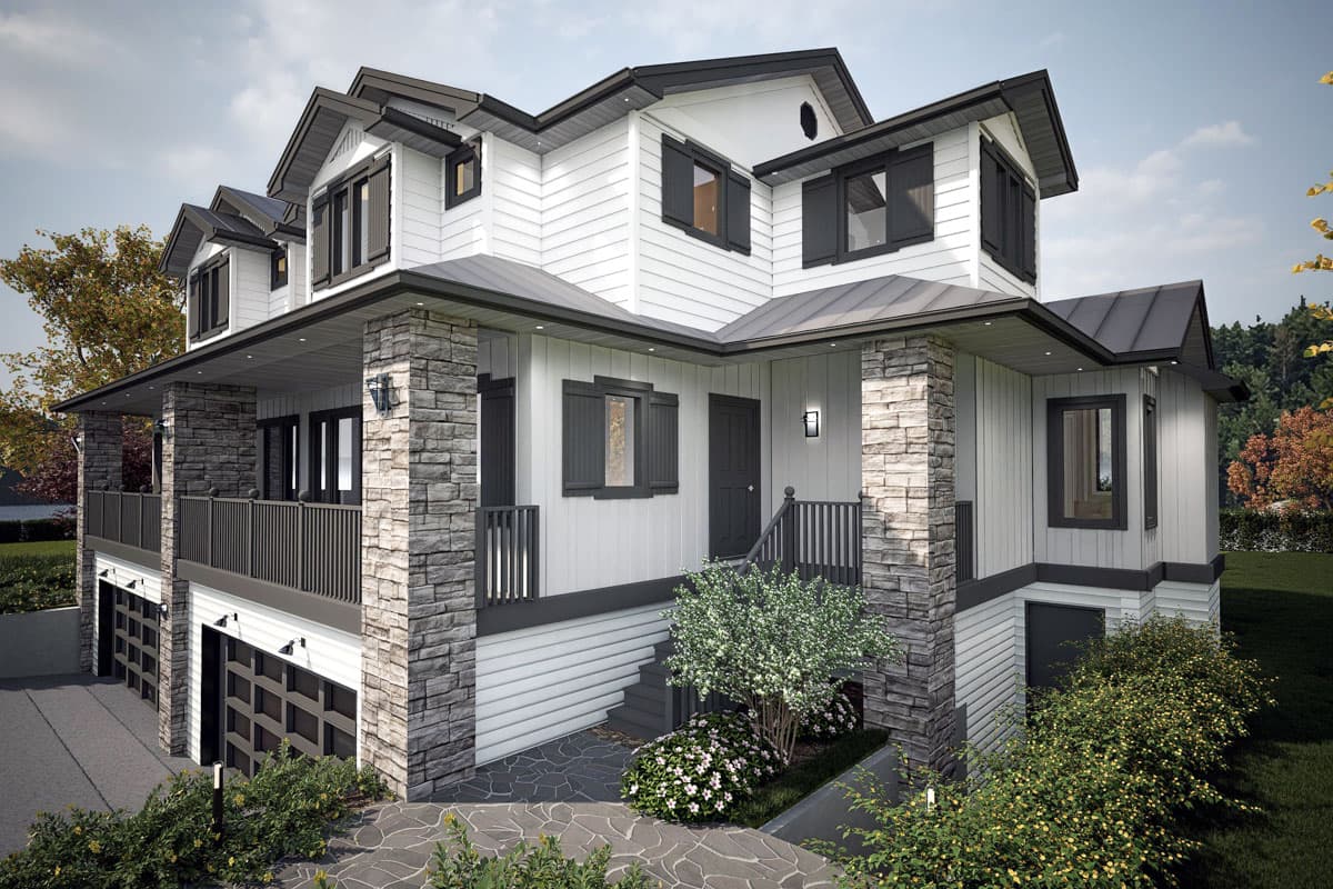 House plan exterior: Three-story Modern Farmhouse with stone-clad columns, covered upper deck, multiple gables, and a three-car garage.