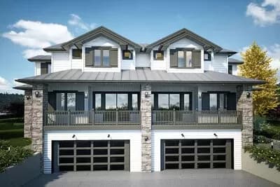 New American Duplex House Plan with Matching 3-Beds 2.5 Bath 2600 Sq Ft Units and Drive Under Garage
