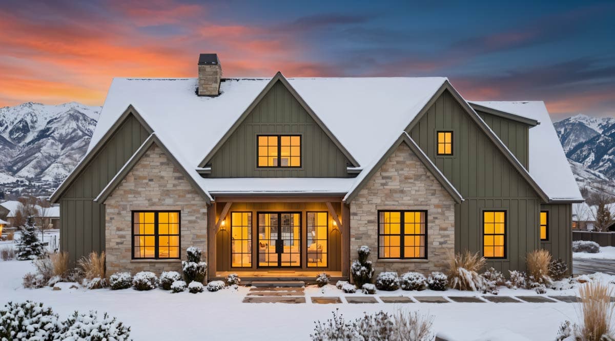 Modern Farmhouse house plan exterior with stone and board-and-batten siding, prominent gables, covered entry, and multiple windows.