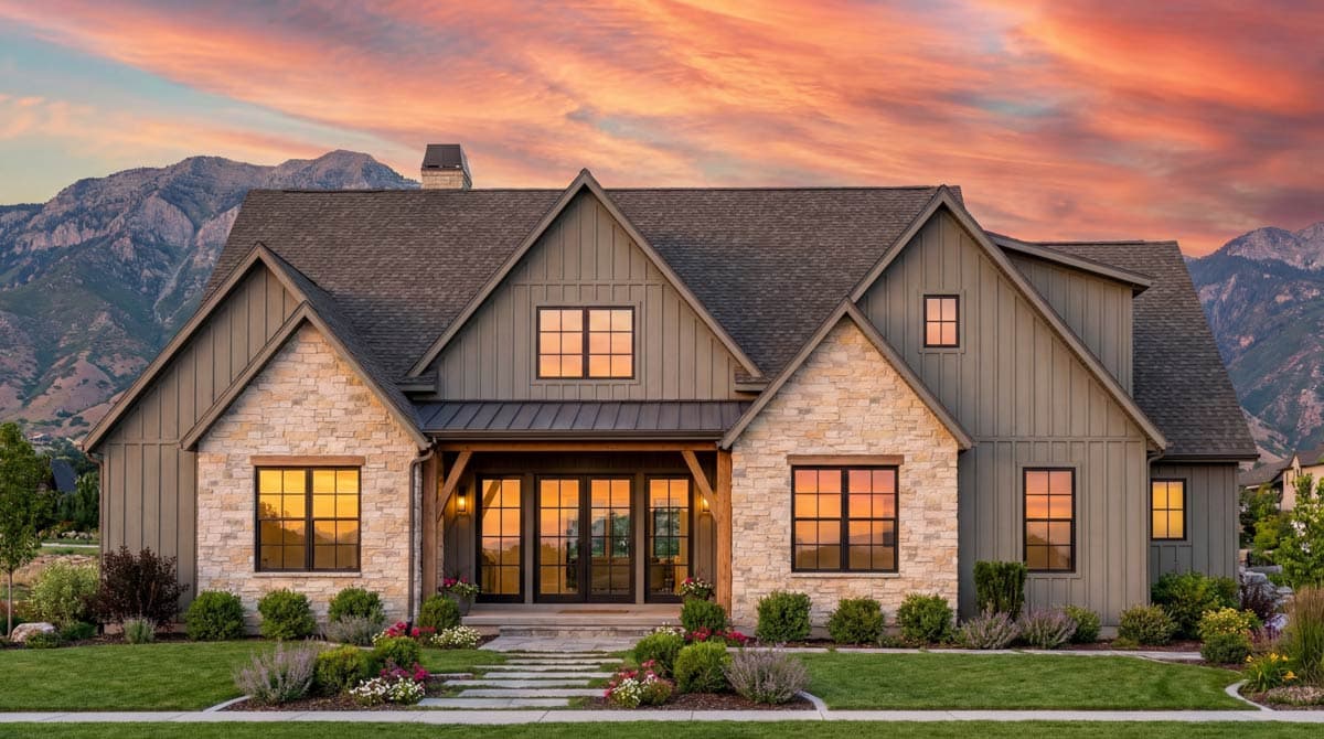 Modern Farmhouse house plan exterior with stone and board-and-batten siding, gabled rooflines, and a covered porch.