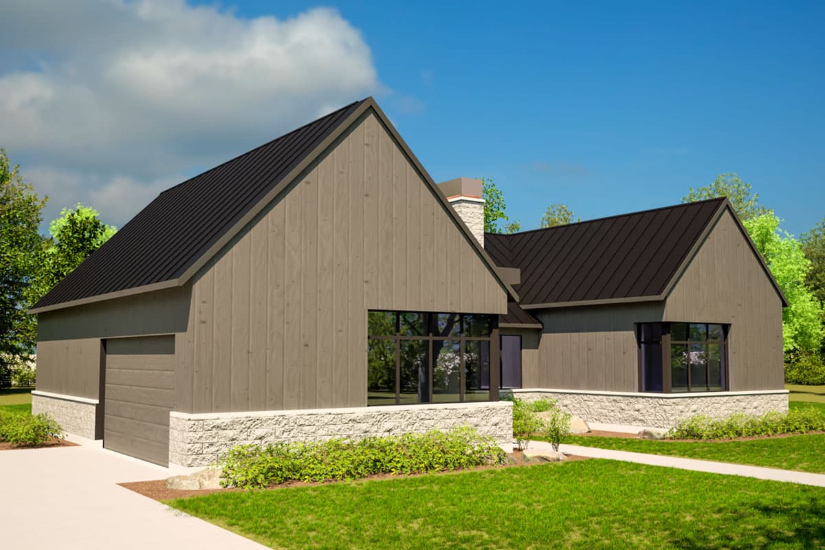 House plan exterior, modern style, metal roof, stone foundation, and large windows.
