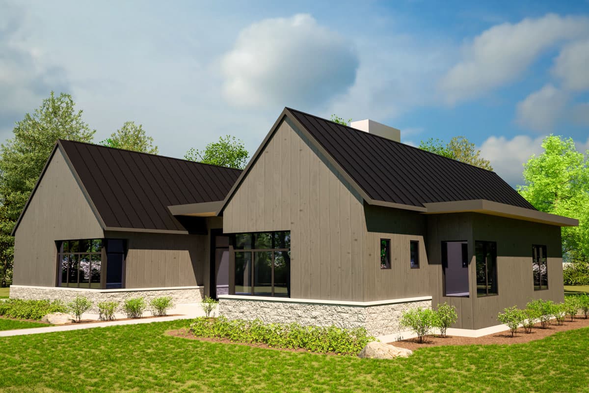 Modern house plan exterior with asymmetrical gables, dark metal roof, wood siding, and stone base.
