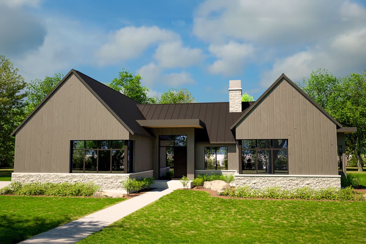 House plan exterior with board and batten siding, gable rooflines, large windows, and a covered entry. Features a stone-veneer foundation.