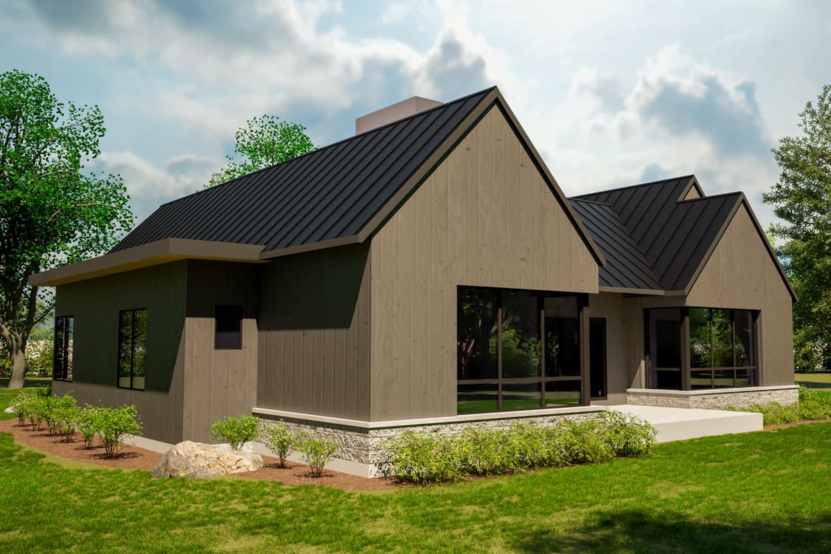 Modern house plan exterior with wood siding, gabled roofs, stone base, and large windows.