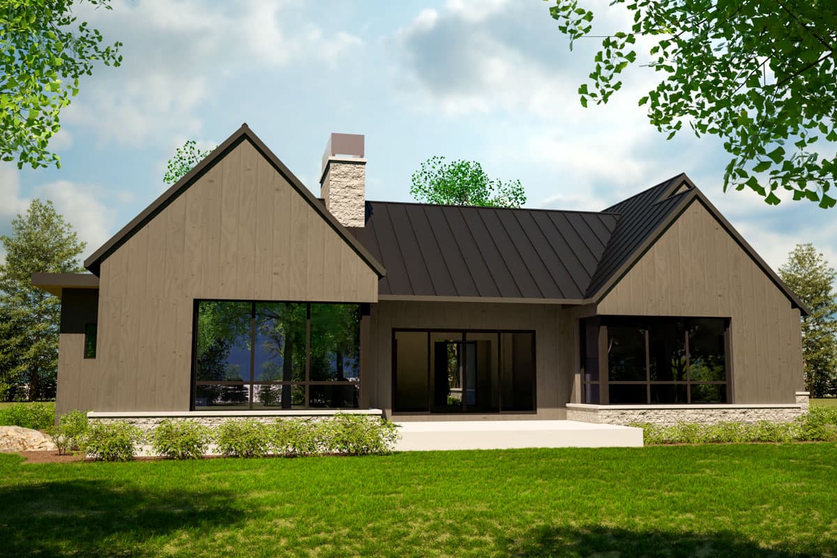 House plan exterior: Modern design with gable roofs, large windows, stone chimney, and wood siding.