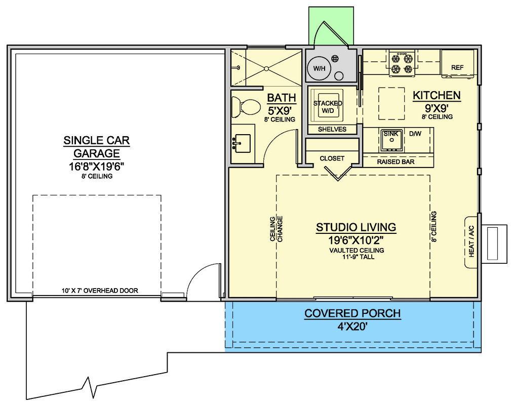 Plan 370044SEN: Contemporary ADU Studio House Plan with 1-Car Garage - 400 Sq Ft - Floor Plan - Main Level - Contemporary