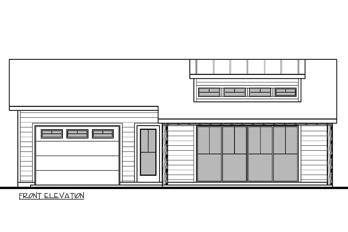 Front elevation drawing of a house plan with a one-car garage, entry door, and large window wall.