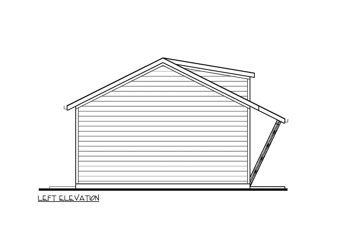 Left elevation drawing of a house plan, showing horizontal siding and a gable roof with exposed rafters.