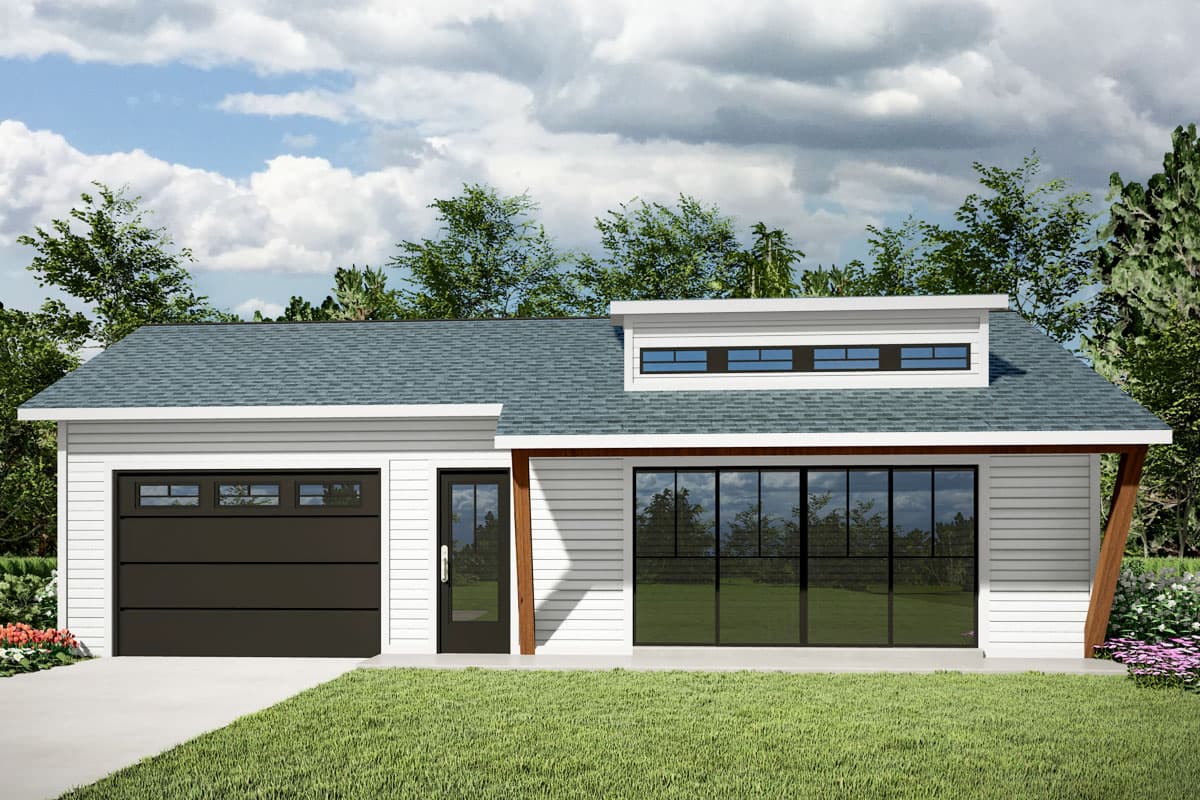 House plan exterior. Modern style with a single story, flat roof, and large glass doors. Features include a dormer window and attached garage.