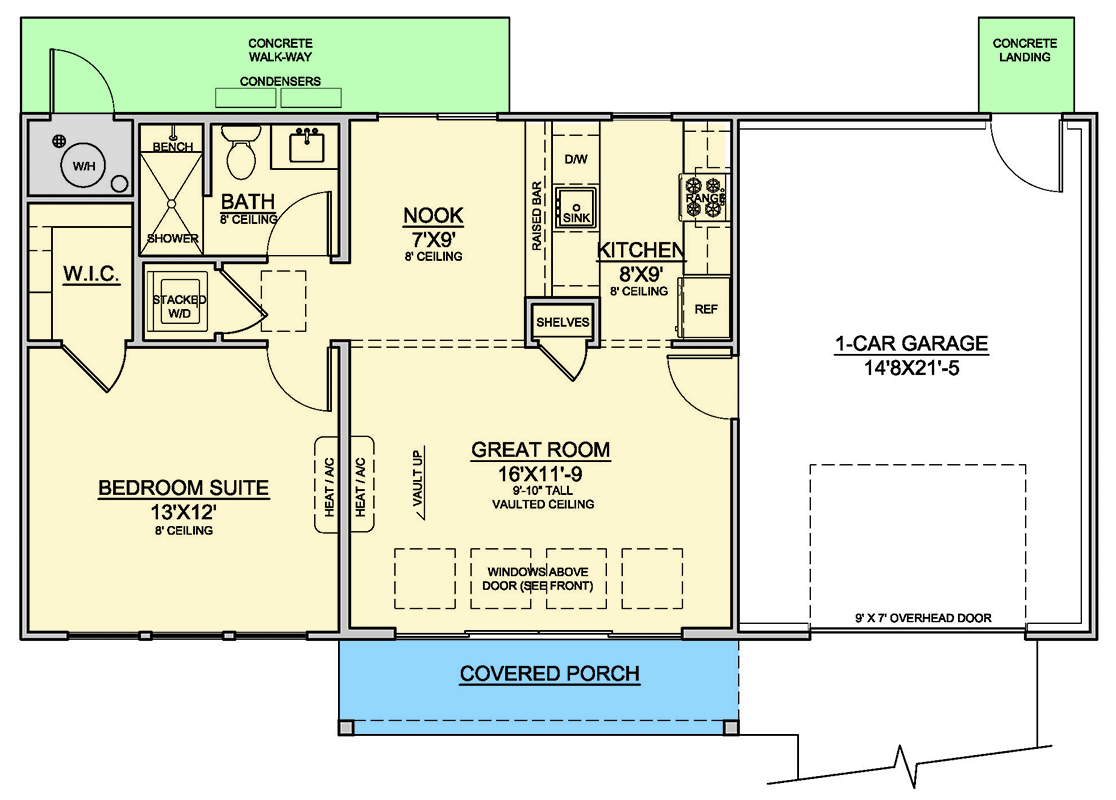 Plan 370045SEN: 1-Bed Contemporary ADU with Covered Front Porch and 1-Car Garage - 660 Sq Ft - Floor Plan - Main Level - Contemporary