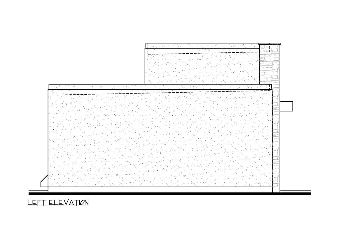 Left elevation of a two-story house plan with a flat roof and stone accent chimney.