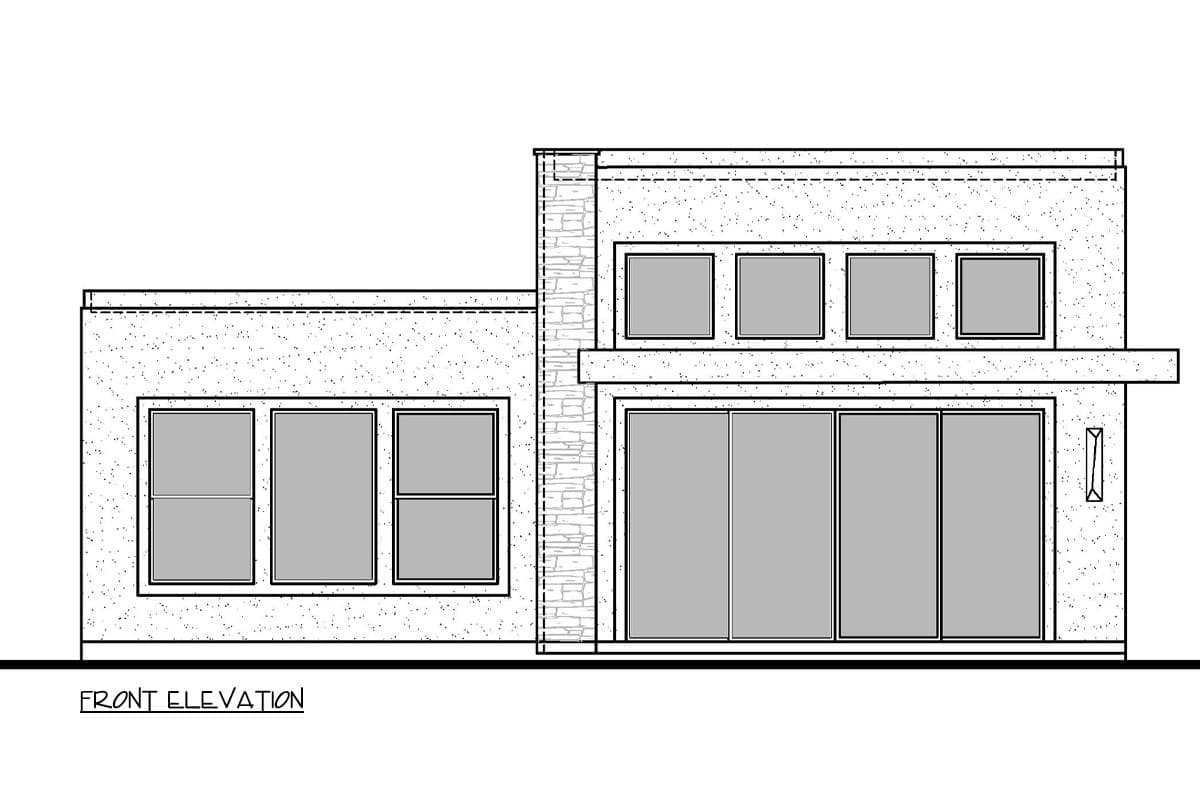 Front elevation drawing of a modern house plan with large sliding glass doors, multiple windows, and stone accent.
