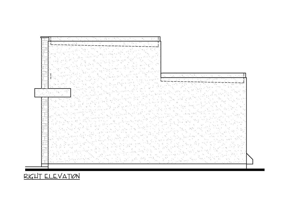Right elevation drawing of a house plan with a stepped roofline and projecting element on the left.