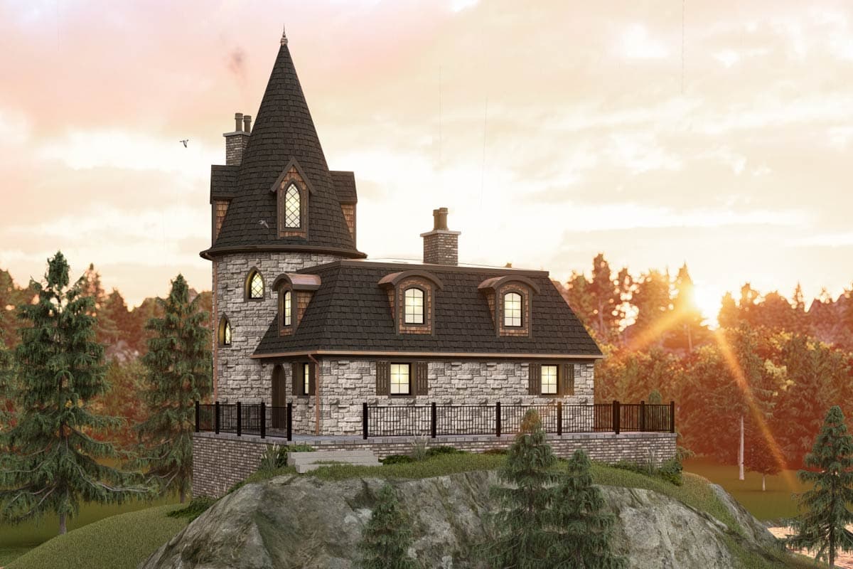 House plan exterior with stone facade, turret, and dormers. Features a steeply pitched roof and a small balcony. Located on a hillside.