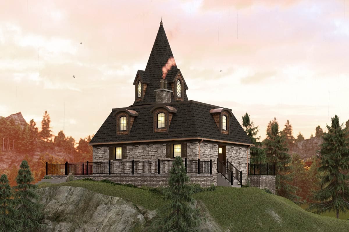 House plan exterior: stone facade, mansard roof, central turret with conical roof, and dormer windows.