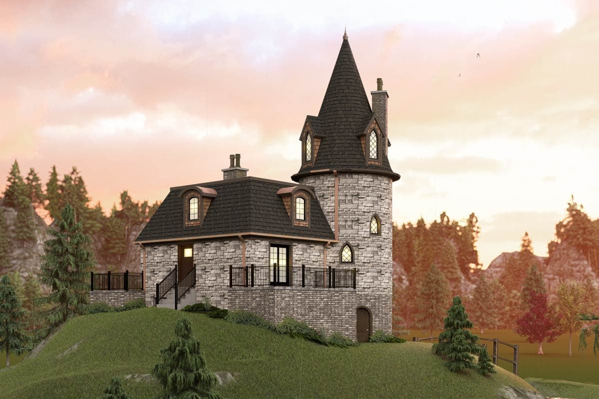 House plan exterior with stone facade, mansard roof, dormers, and a prominent turret with a conical roof.