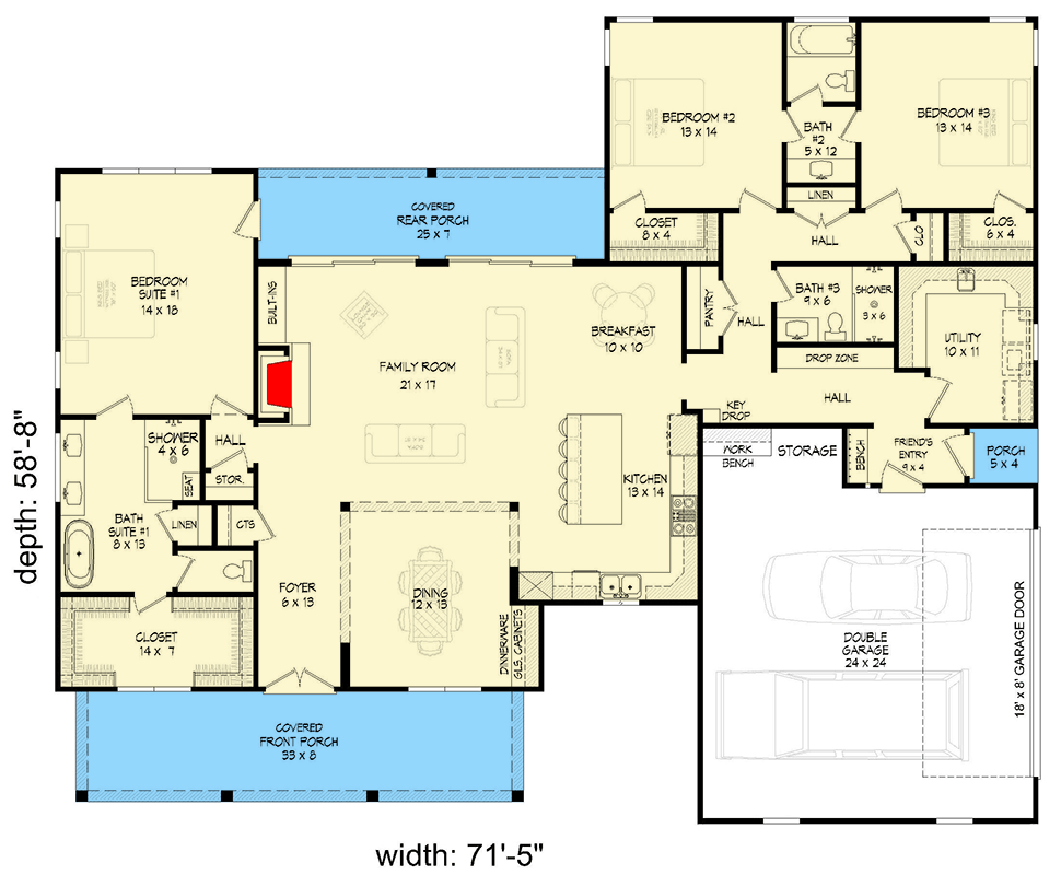 Plan 680485VR: 3-Bed Modern Farmhouse Plan under 2400 Sq Ft with Second Level and Bonus Room Options - Floor Plan - Main Level - Country, Farmhouse, Modern Farmhouse