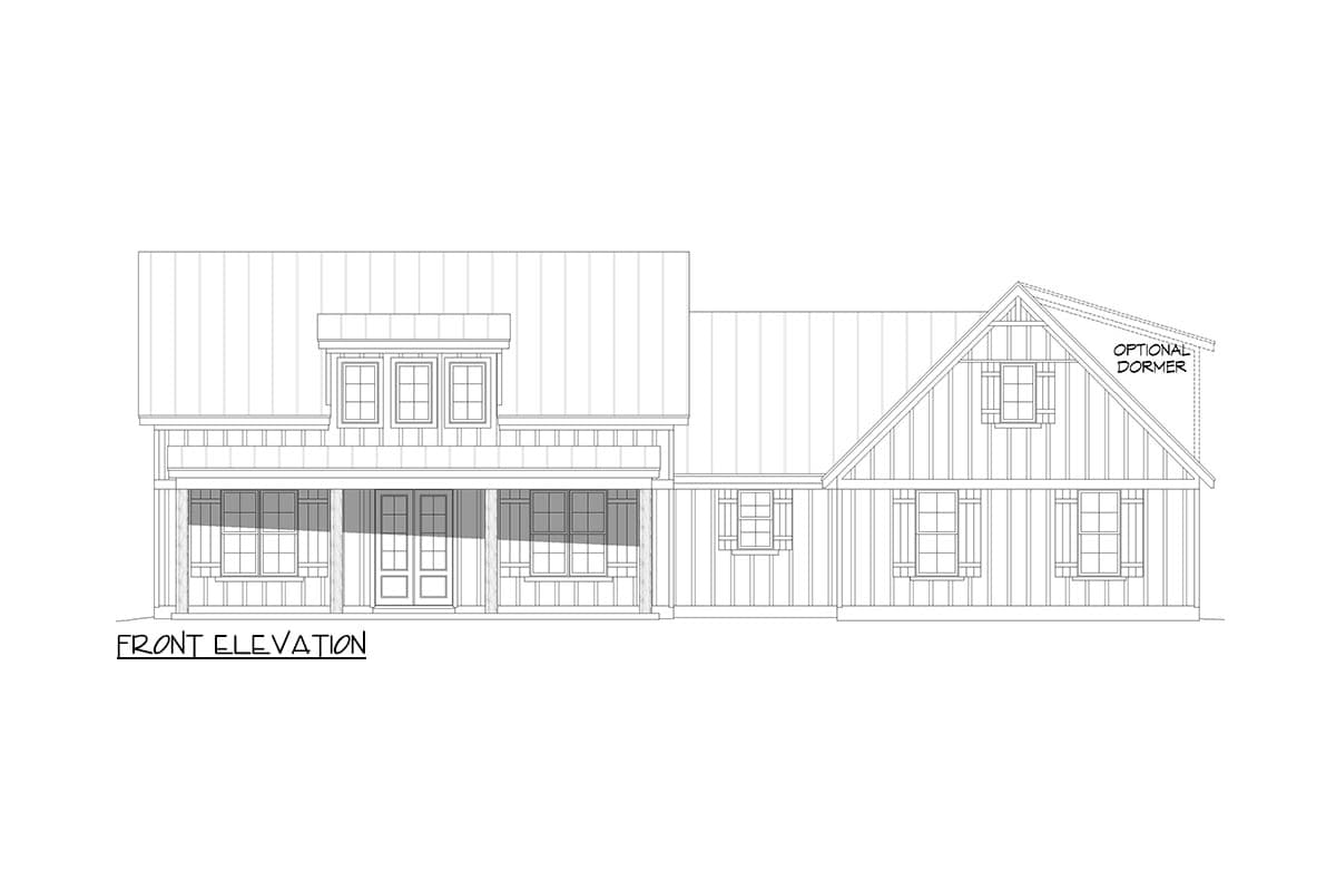 Front elevation drawing of a house plan with a gabled dormer and wraparound porch.
