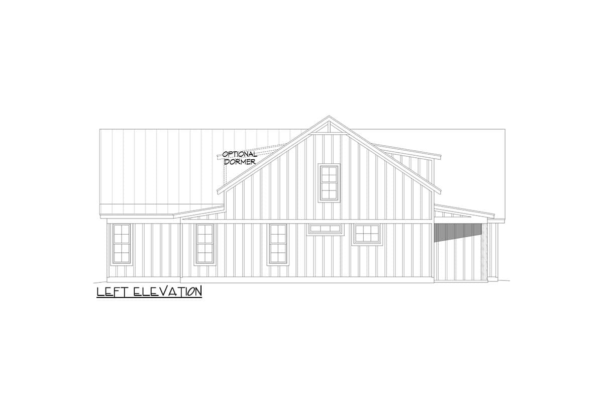 Floor plan left elevation drawing shows a house with vertical siding, multiple windows, and an optional dormer.