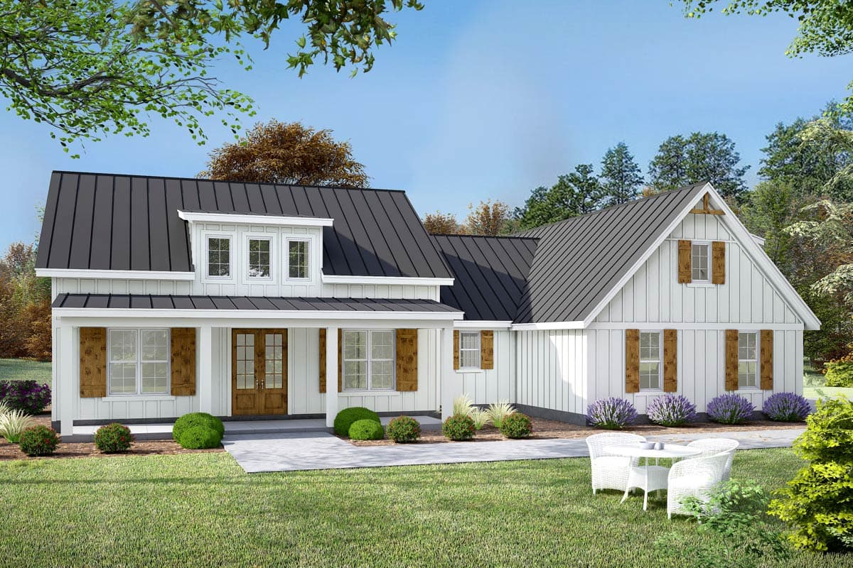 House plan exterior. Two-story Modern Farmhouse with a covered porch, board and batten siding, and gabled rooflines with a dormer.
