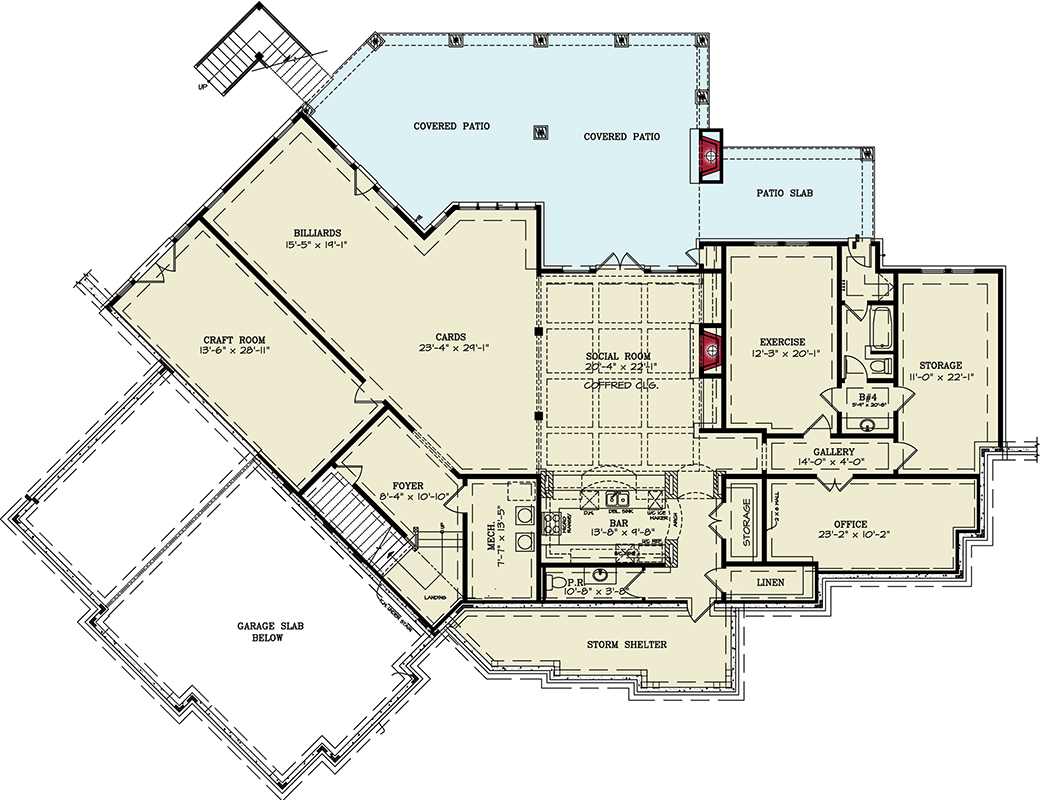 Plan 25837GE: Single-Story New American Craftsman with Angled Garage - 6387 Sq Ft - Floor Plan - Lower Level - Craftsman, Mountain, New American, Ranch